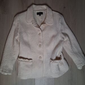 Talbots Womens Size 14 Ivory Wool Blend Boucle Ruffle Button Blazer Jacket